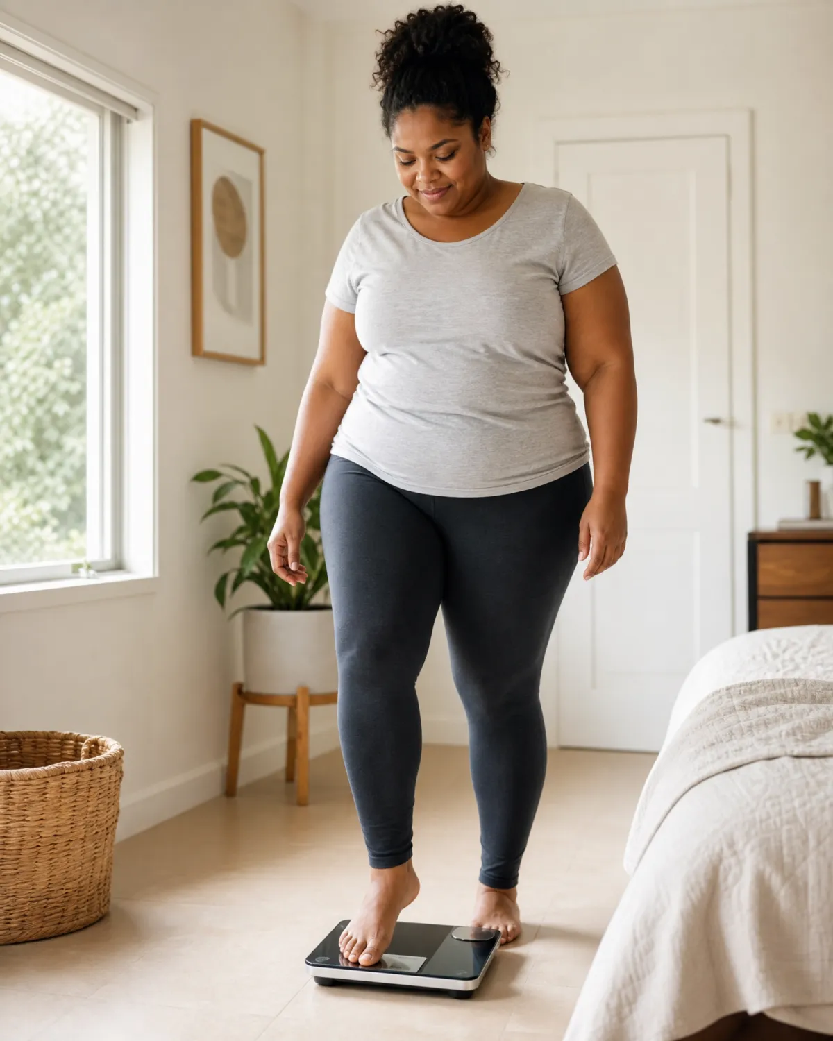Woman stepping on a scale to track weight loss progress with the Ideal Protein Protocol at Ideal Weight Loss, online