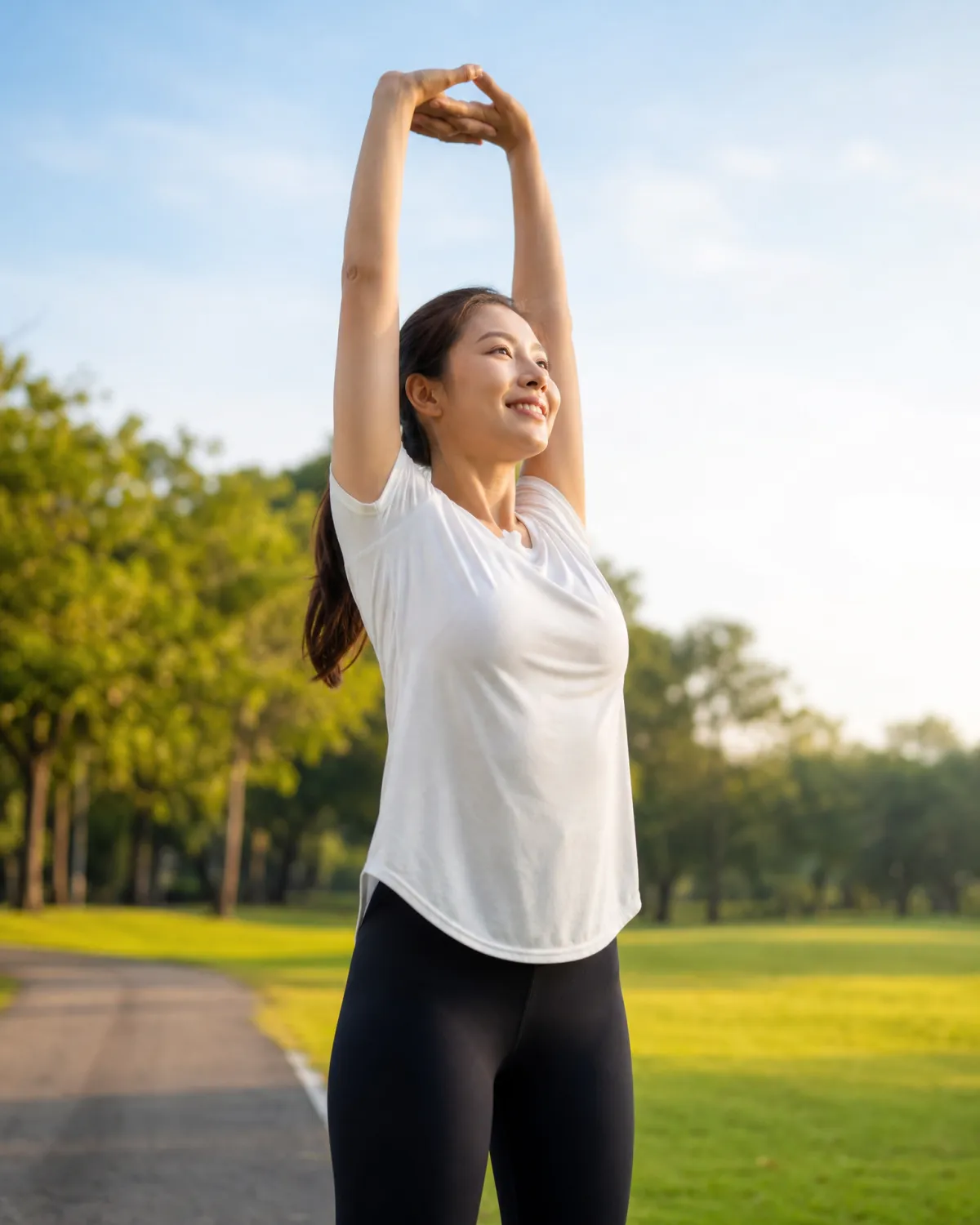 Woman stretching outdoors enjoying improved energy and wellness with the Ideal Protein Protocol at Ideal Weight Loss, online