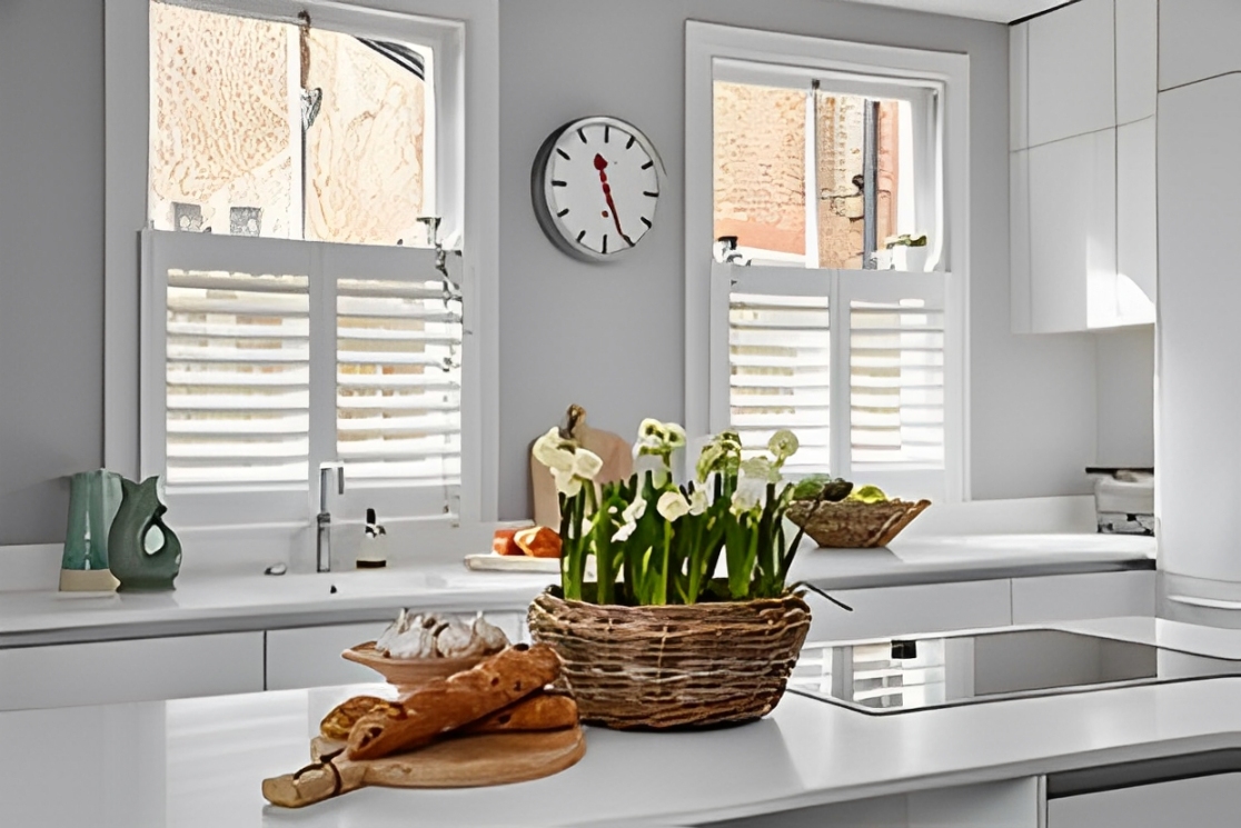 Café style shutters covering the lower half of a window for privacy