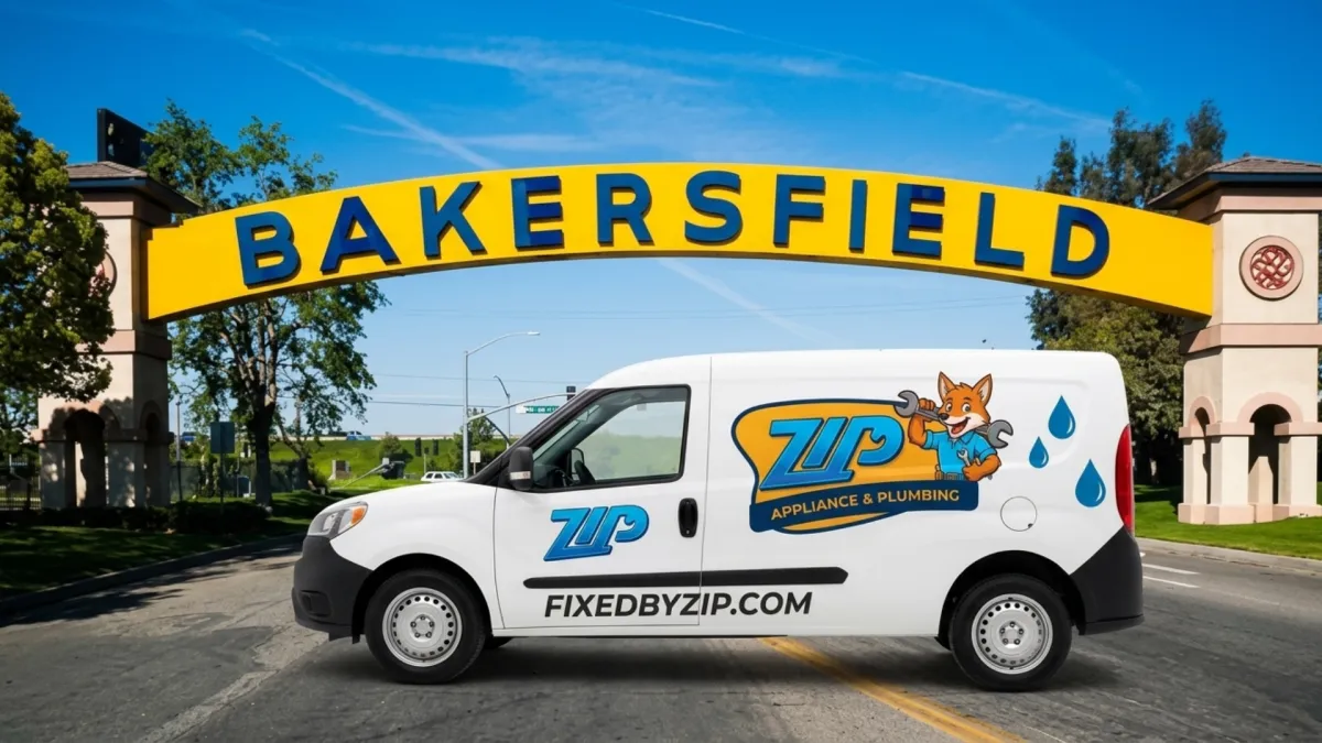 Bakersfield highlighted on a map of the United States, emphasizing local service focus for Zip Appliance & Plumbing Repair.