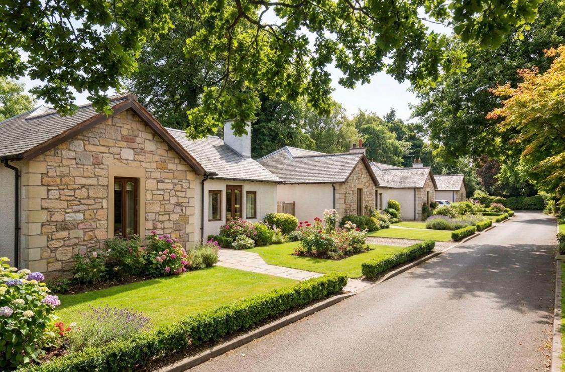 row of neat bungalows in suburb