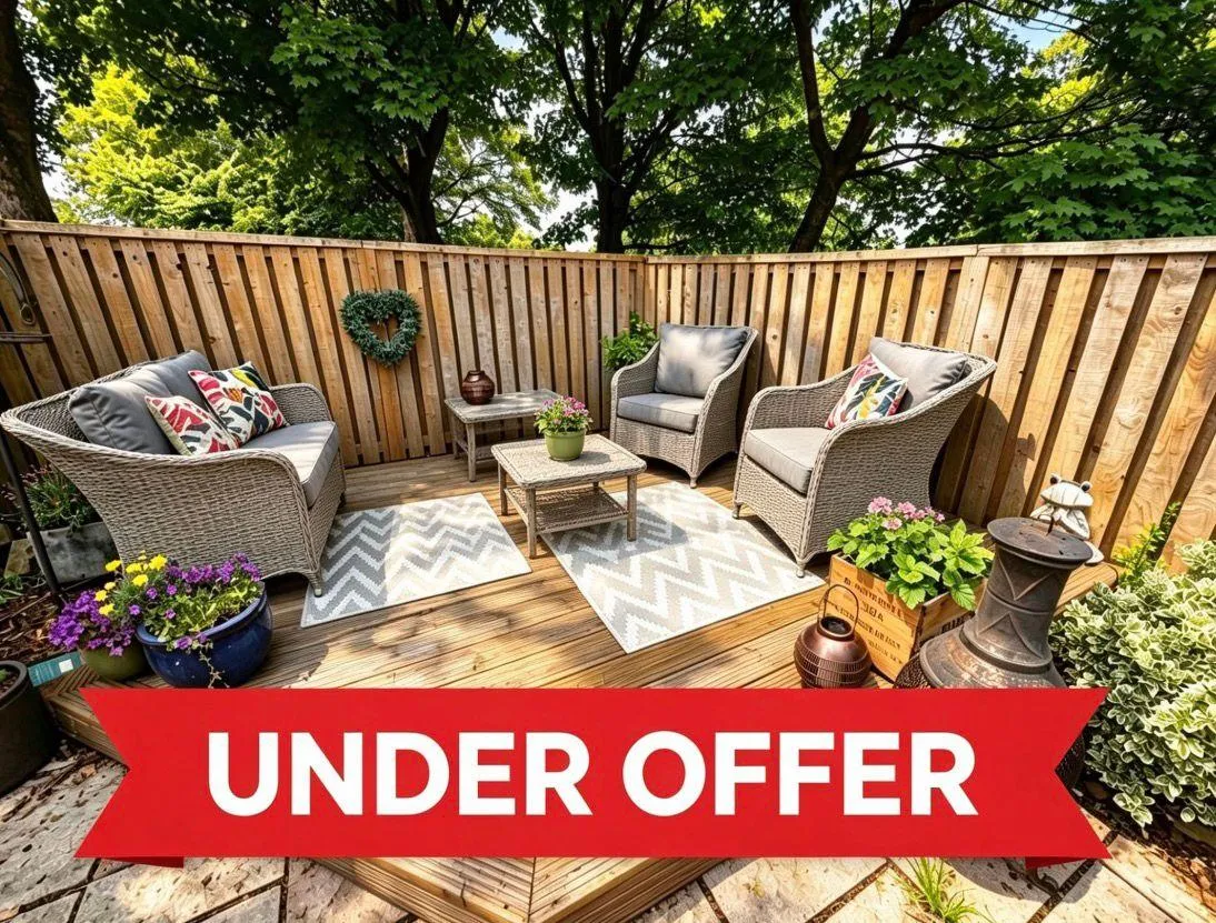 A private decked garden with rattan seating and colourful planting at a Mowatt Hush Home in North Berwick - now under offer