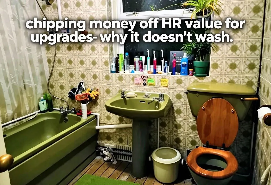 Dated avocado bathroom suite with caption 'chipping money off HR Value for upgrades - why it doesn't wash'