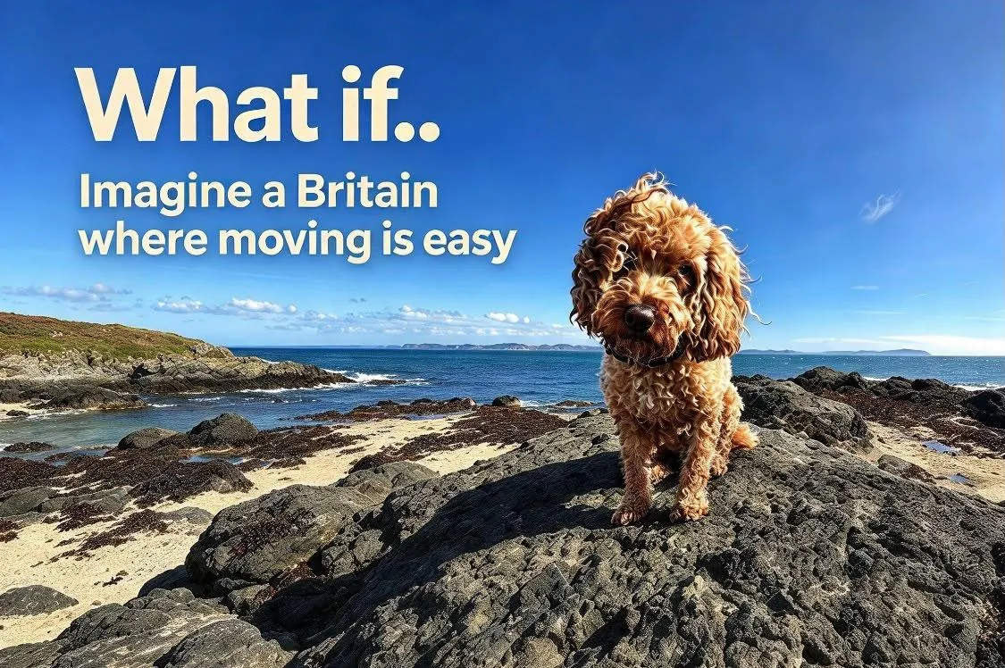Cockapoo dog sitting on rock at North Berwick beach with Fife coastline in distance. 'What if ...Imagine a Britain where moving is easy'' caption.
