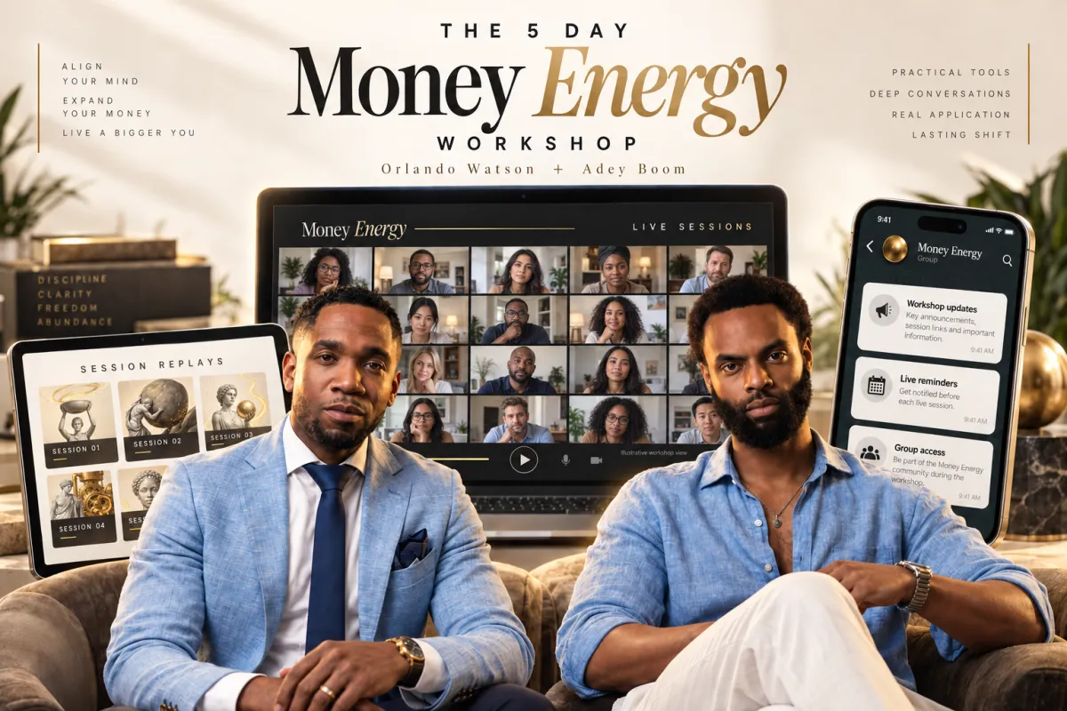 The 5-Day Money Energy Workshop with Orlando Watson and Adey Boom, illustrative group session and replay library