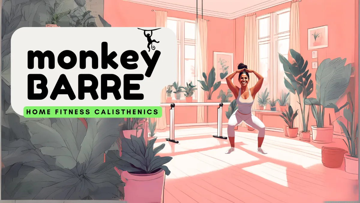 Monkey Bare Fitness logo and ai image of woman exercising