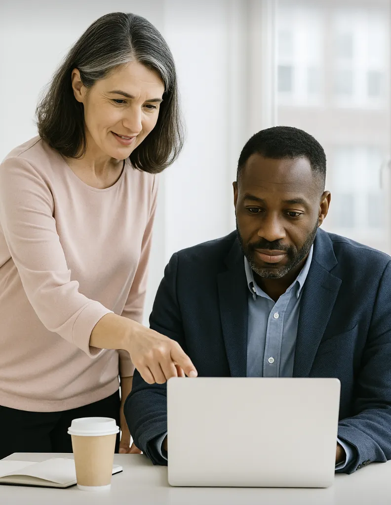 Professional woman guiding a colleague through new workplace policies, highlighting the importance of menopause-related adjustments as required by evolving legislation in the UK and globally.