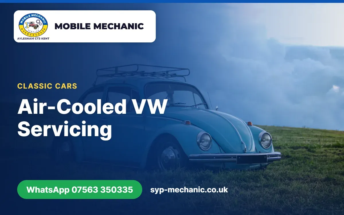 Air-cooled VW Beetle engine with the engine lid open, ready for a mobile service in Aylesham, Kent