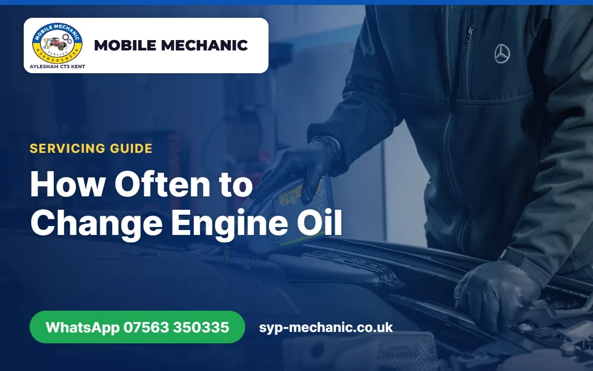 Mobile mechanic draining engine oil and fitting a new oil filter on a car driveway in Aylesham, Kent
