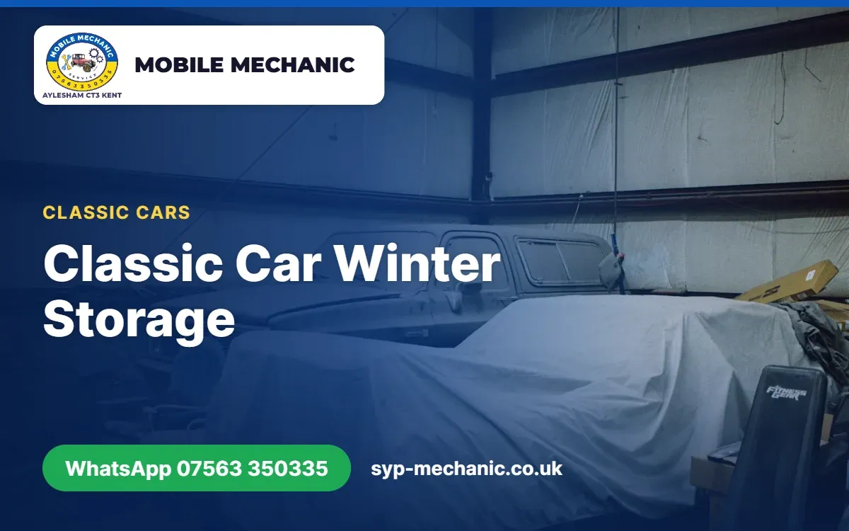 Classic car under a breathable cover on axle stands in a dry garage in Kent, laid up for winter storage