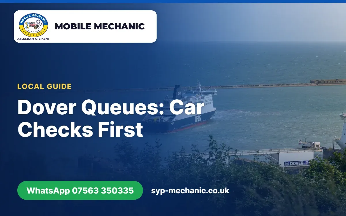 Queue of cars on the approach to the port in Dover, Kent, with travel car check advice from a mechanic in Aylesham