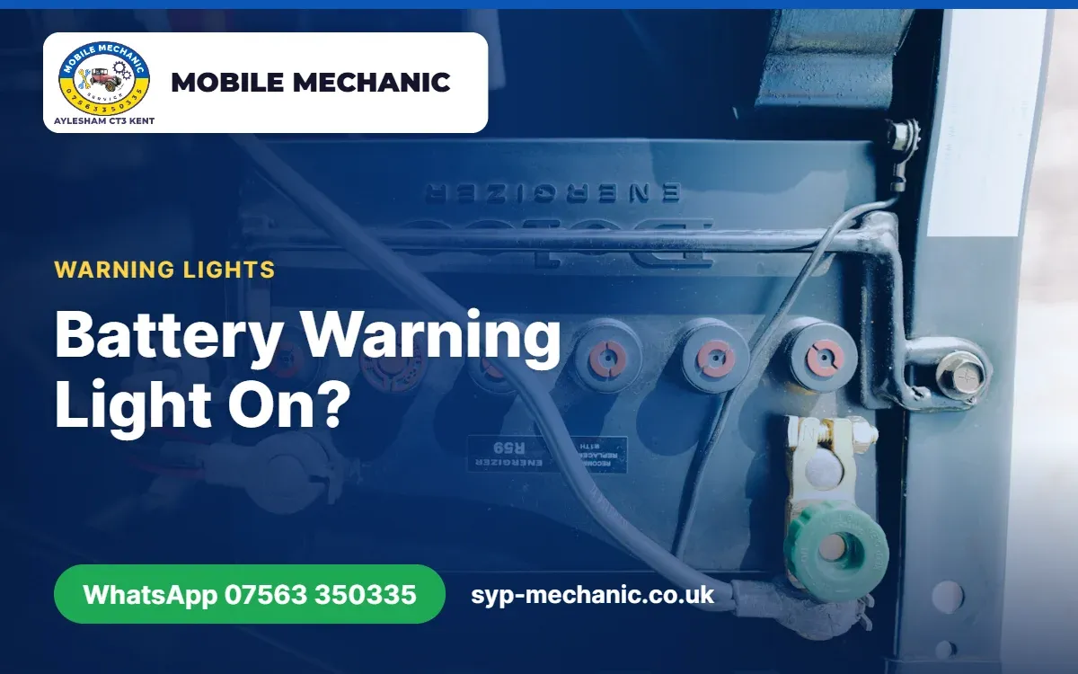 Battery-shaped charging warning light on a car dashboard, explained by a mobile mechanic in Aylesham, Kent