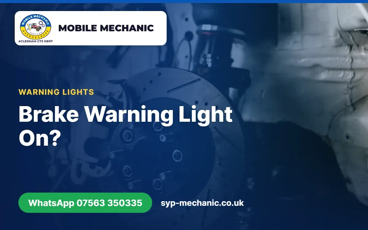 Red brake warning light on a car dashboard, checked by a mobile mechanic in Aylesham, Kent