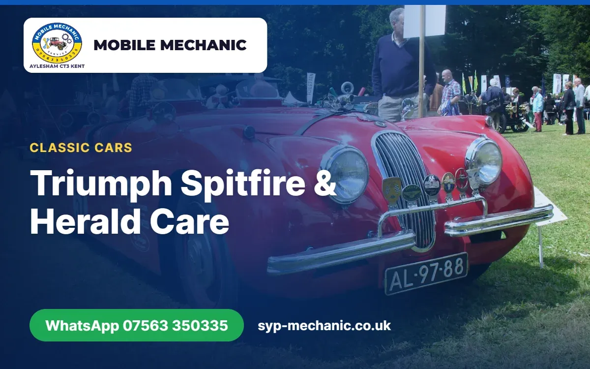 Triumph Spitfire with its bonnet open for classic car servicing on a driveway in Kent