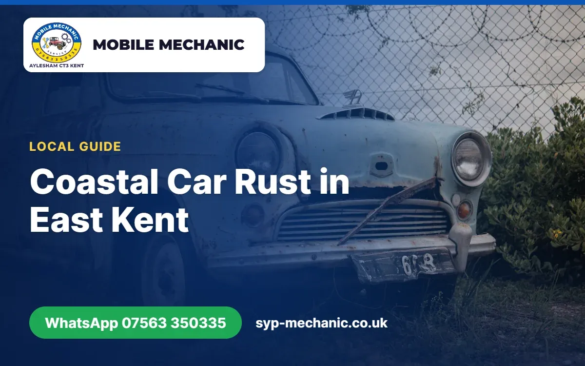 Mobile mechanic in Kent inspecting rust on a car underbody and brake pipes near the coast