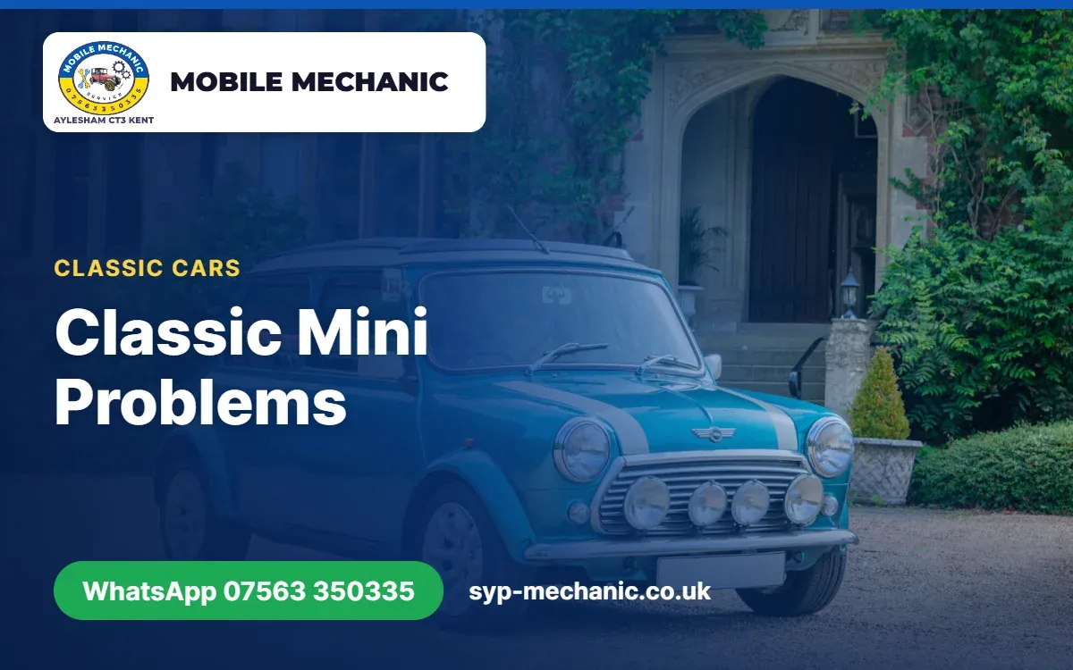 Classic Mini in Kent with its bonnet open while a mobile mechanic from Aylesham checks the A-series engine