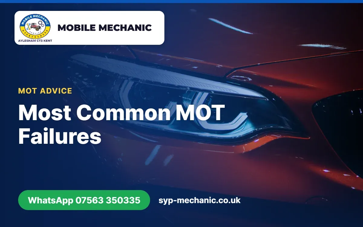 Mechanic carrying out a pre-MOT check on a car's lights and tyres on a driveway in Aylesham, Kent