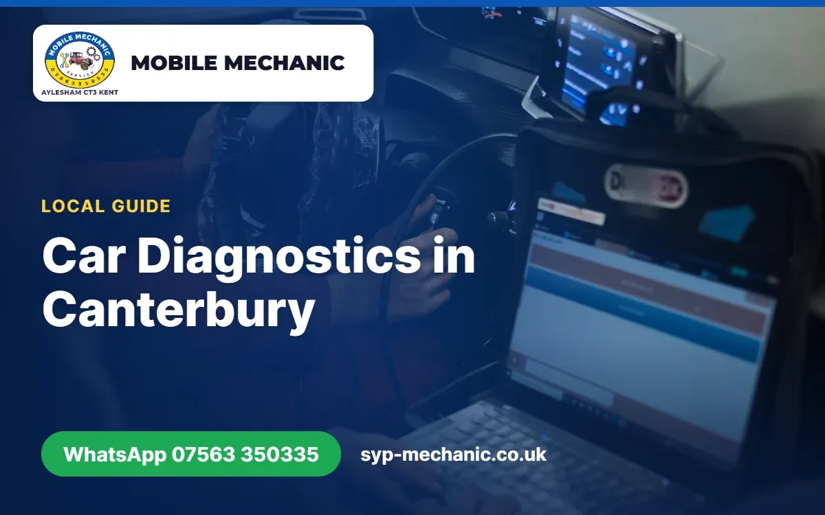Mobile mechanic from Aylesham, Kent plugging a diagnostic reader into a car's OBD port on a driveway
