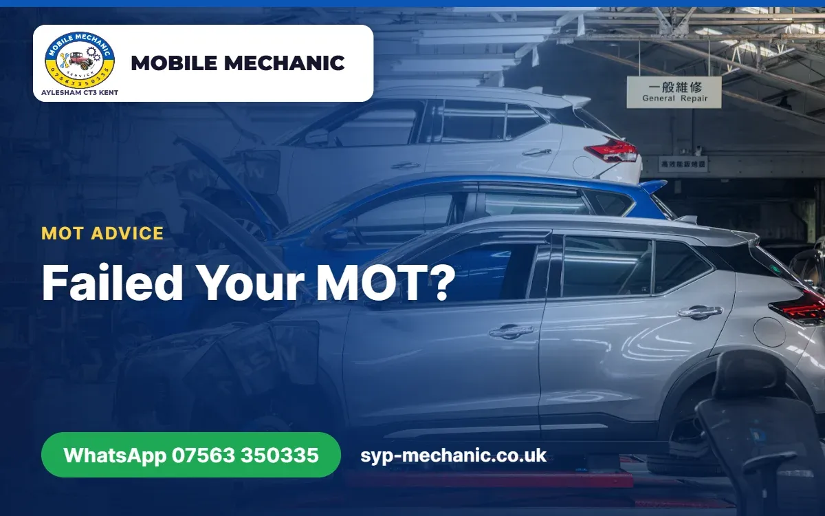 Driver in Aylesham, Kent reading a failed MOT refusal notice while a mobile mechanic inspects the car