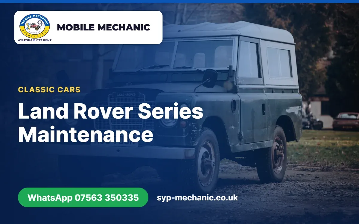 Series Land Rover parked on a farm track in Kent ready for classic vehicle servicing and a chassis check