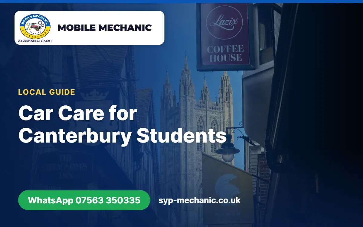 Student checking the engine oil of a small car parked on a street in Canterbury, Kent