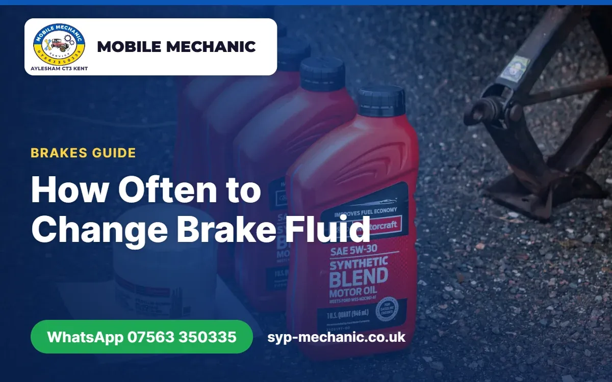 Brake fluid reservoir under a car bonnet with MIN and MAX marks, checked by a mobile mechanic in Aylesham, Kent