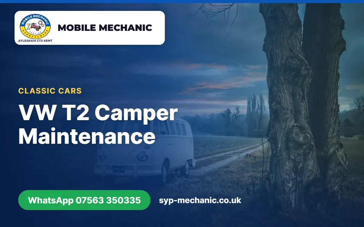 VW T2 Bay Window camper with the engine lid open for maintenance on a driveway near Aylesham, Kent