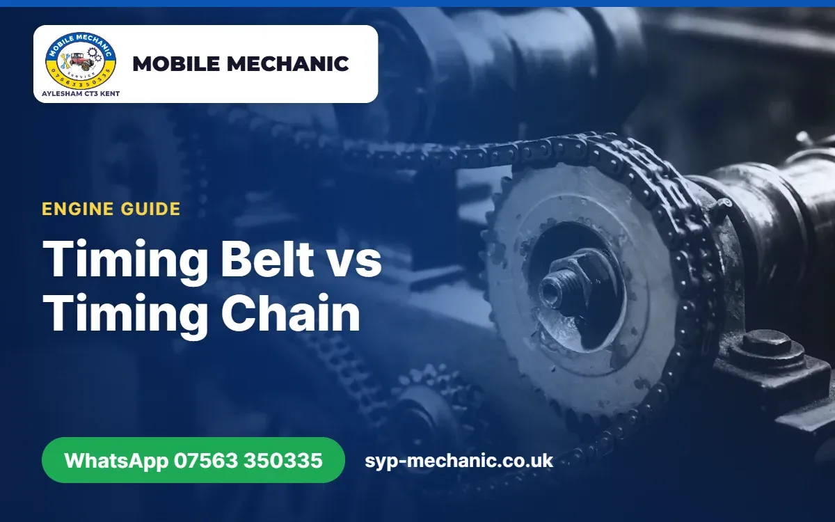 Timing belt and timing chain side by side on a workbench, explained by a mobile mechanic in Aylesham, Kent