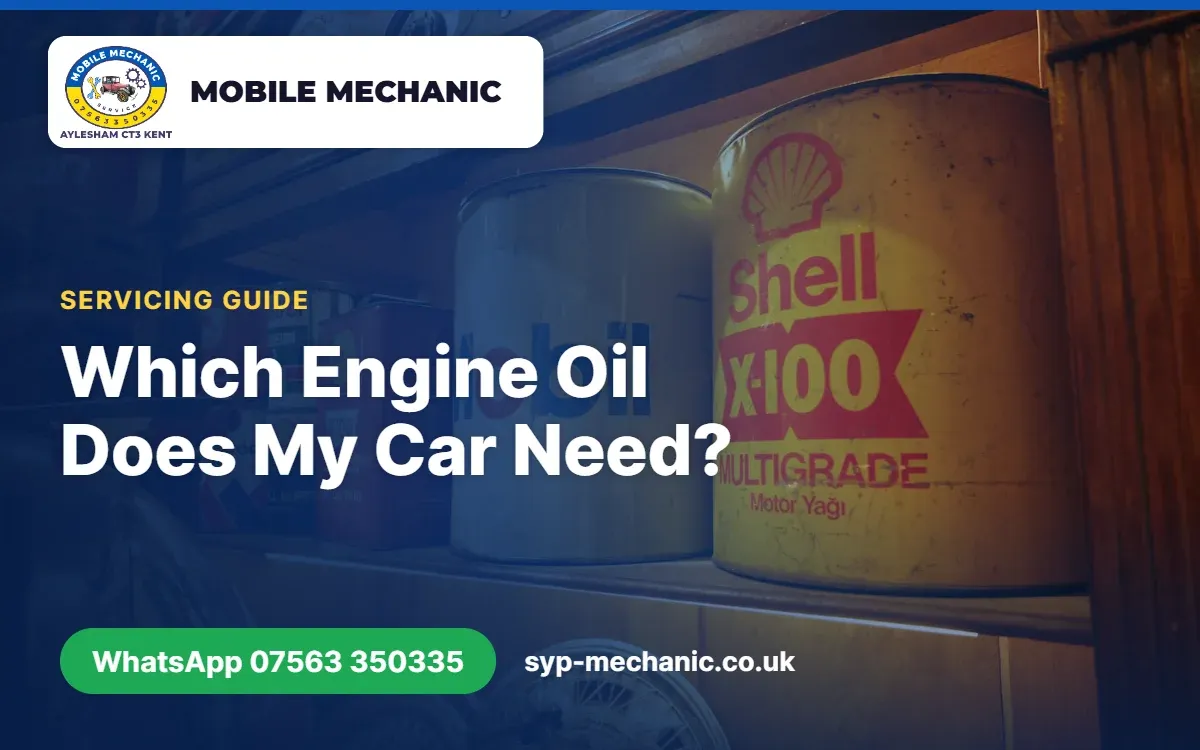 Mechanic checking an engine oil dipstick during a mobile car service on a driveway in Kent