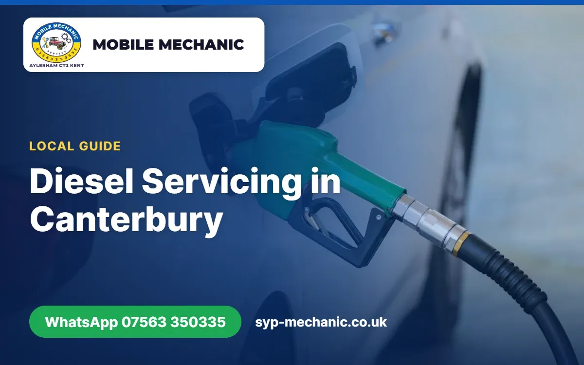 Mobile mechanic changing the fuel filter on a diesel car outside a house near Canterbury, Kent