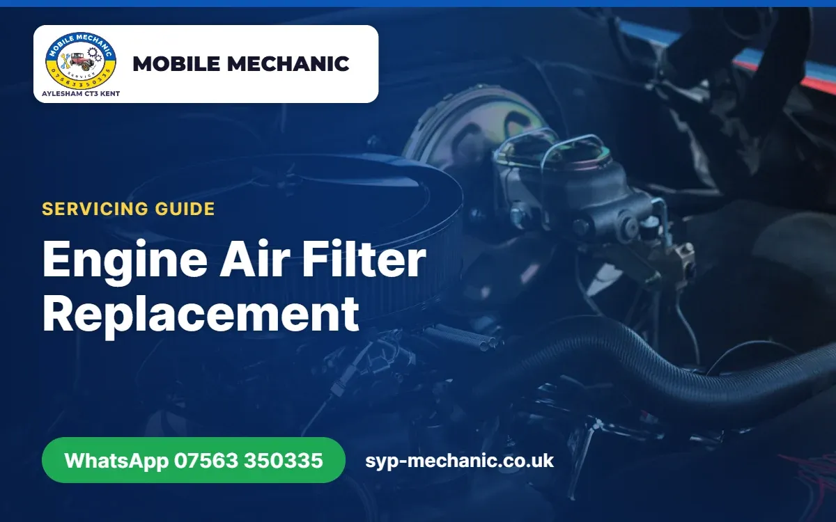 Mechanic holding a used engine air filter next to a new one during a mobile car service in Aylesham, Kent