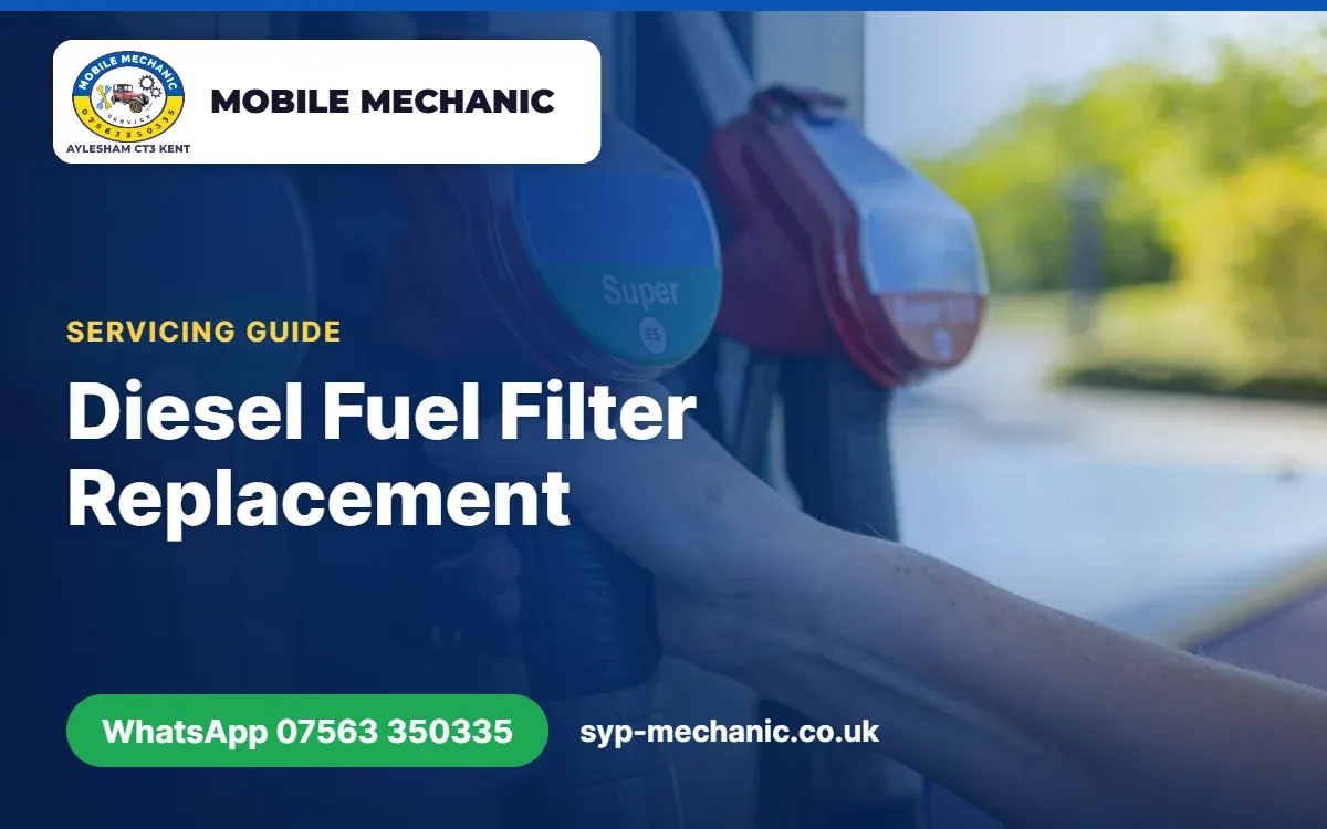 Mobile mechanic fitting a new diesel fuel filter in the engine bay of a car in Aylesham, Kent