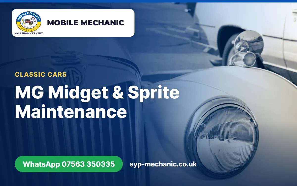 Classic MG Midget roadster with the bonnet up for routine maintenance on a driveway in Kent