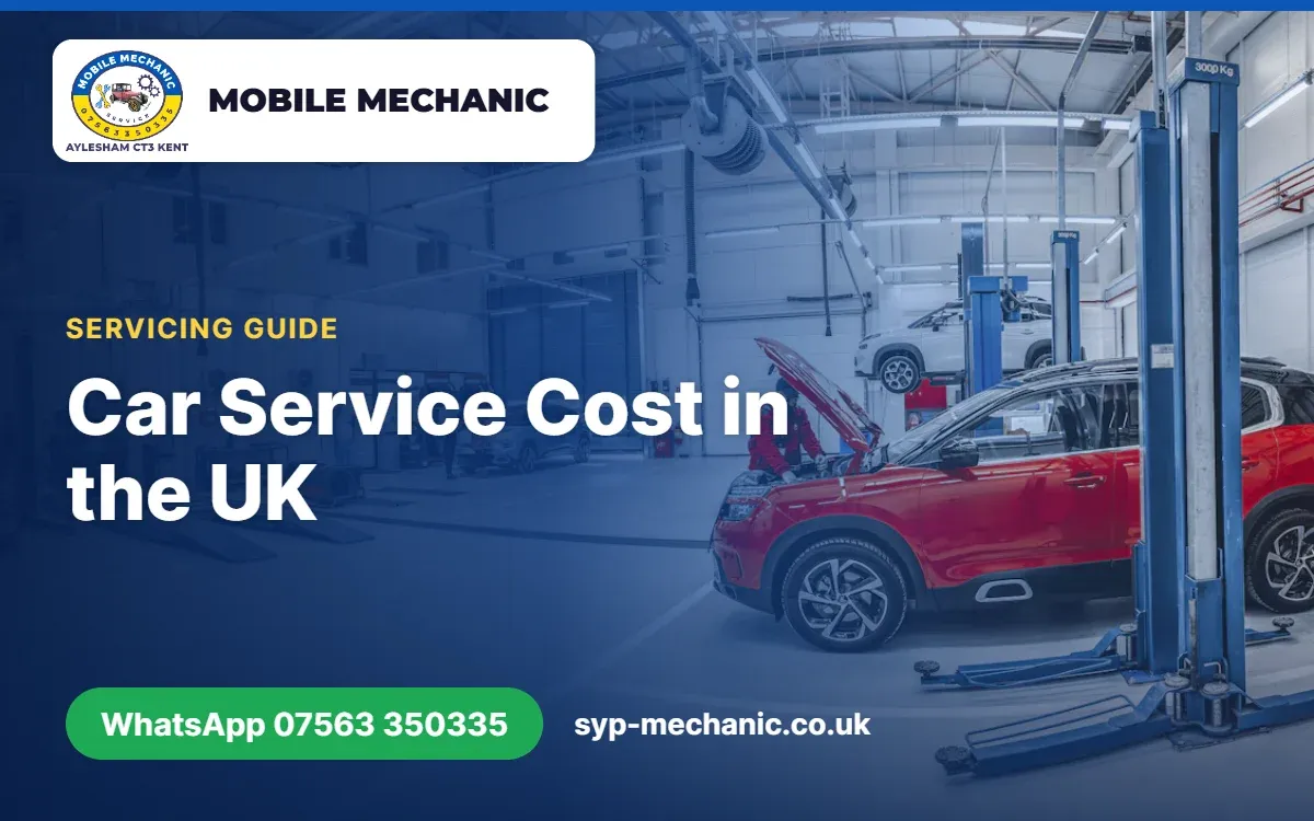 Mobile mechanic changing engine oil and filters during a car service on a driveway in Aylesham, Kent