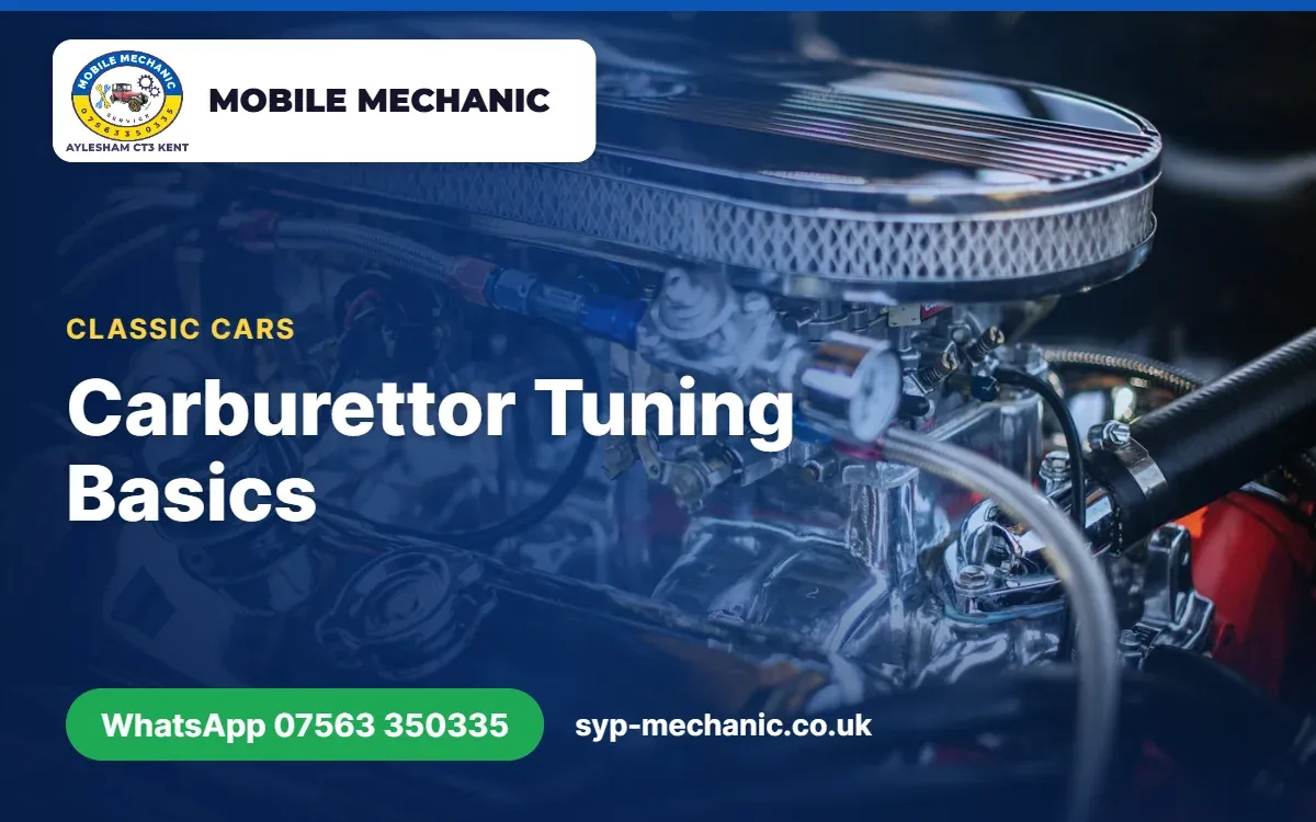 SU carburettor being tuned on a classic car engine by a mobile mechanic in Kent