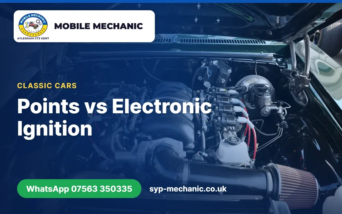 Classic car distributor with the cap off showing ignition points, checked by a mobile mechanic in Aylesham, Kent
