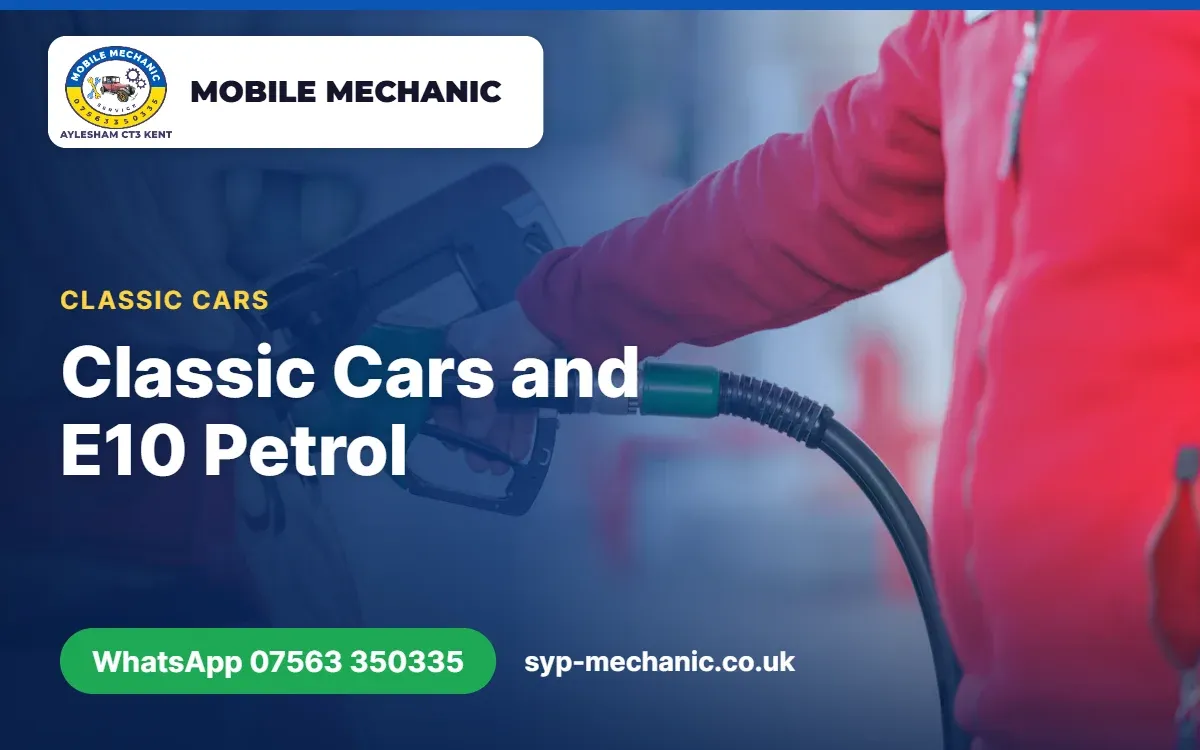 Mobile mechanic checking the fuel lines on a classic car near Aylesham, Kent, for E10 petrol damage