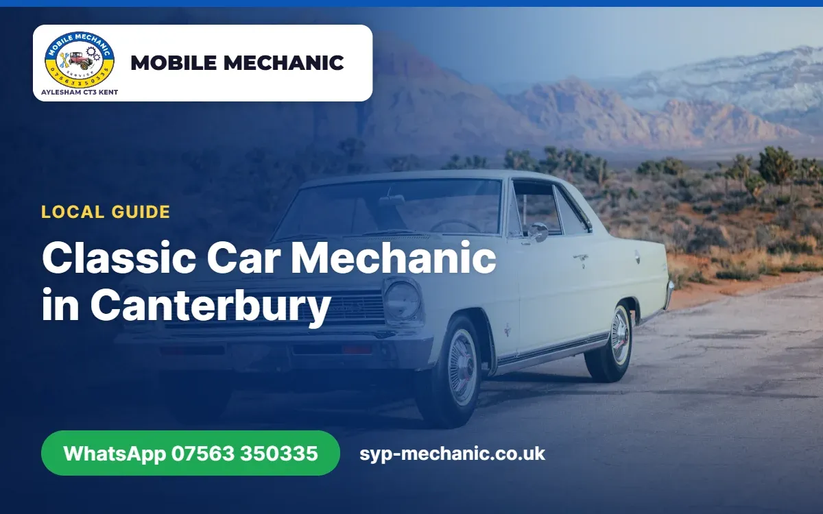 Vintage car being serviced on a driveway near Canterbury by a mobile classic car mechanic from Aylesham, Kent