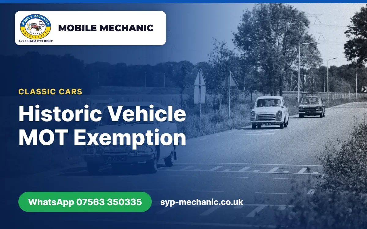 Classic car over 40 years old being given a safety check by a mobile mechanic in Aylesham, Kent