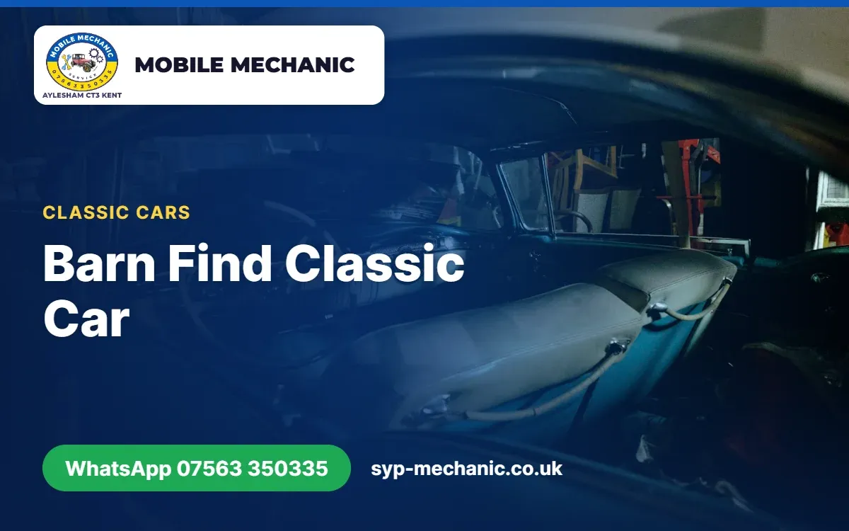 Dusty classic barn find car in a Kent outbuilding being checked over by a mobile mechanic from Aylesham