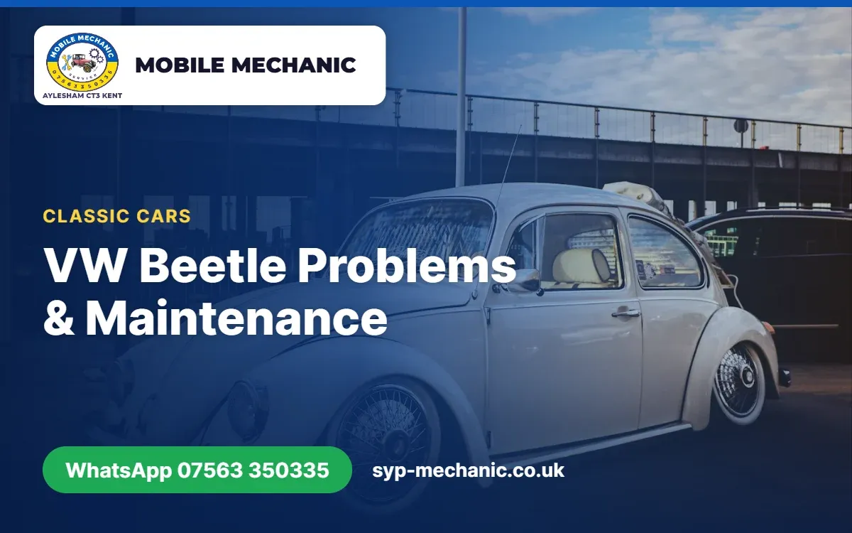 Classic air-cooled VW Beetle with the engine lid open for a check by a mobile mechanic in Aylesham, Kent