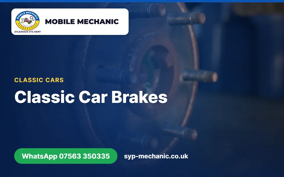 Drum brake and wheel cylinder on a classic car being checked by a mobile mechanic from Aylesham, Kent