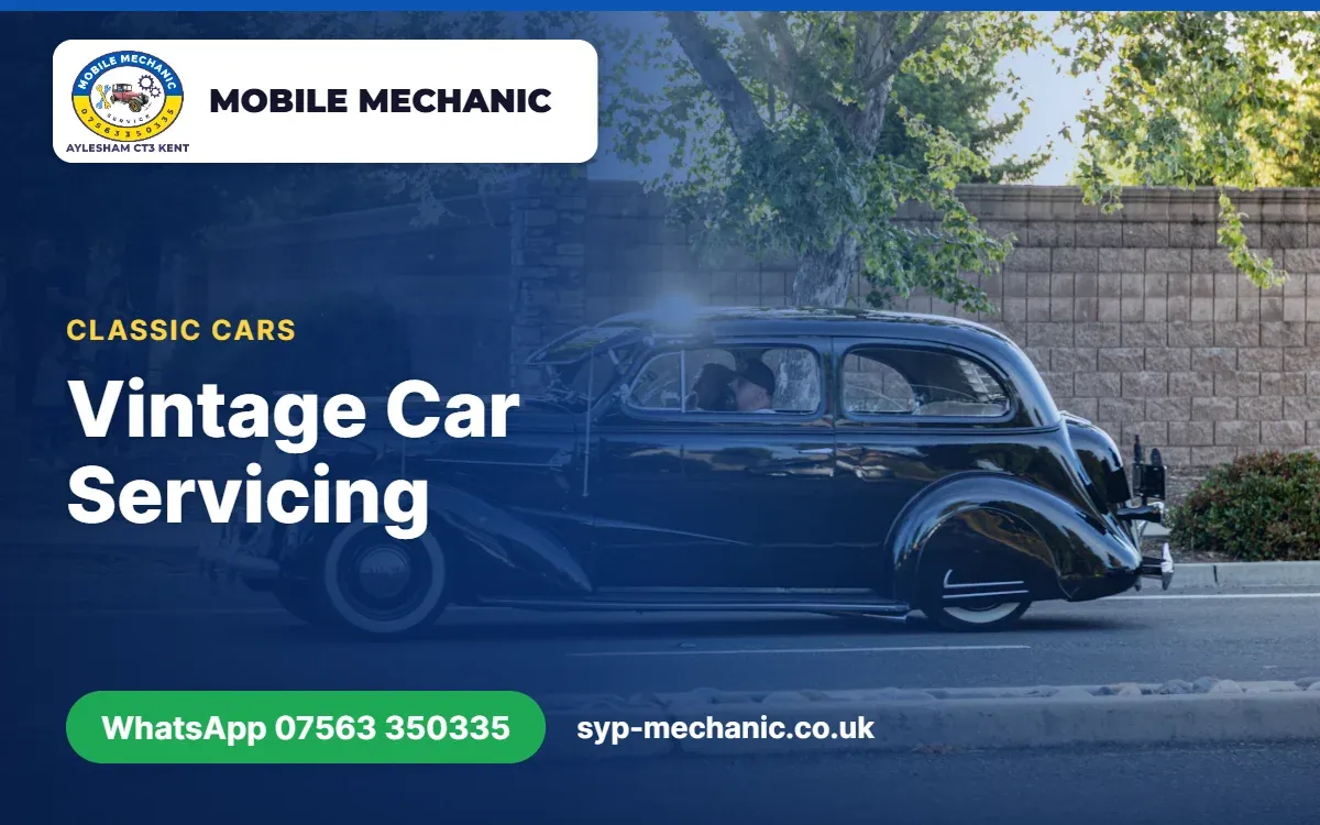 Mechanic greasing the front suspension of a pre-war vintage car on a driveway near Aylesham, Kent