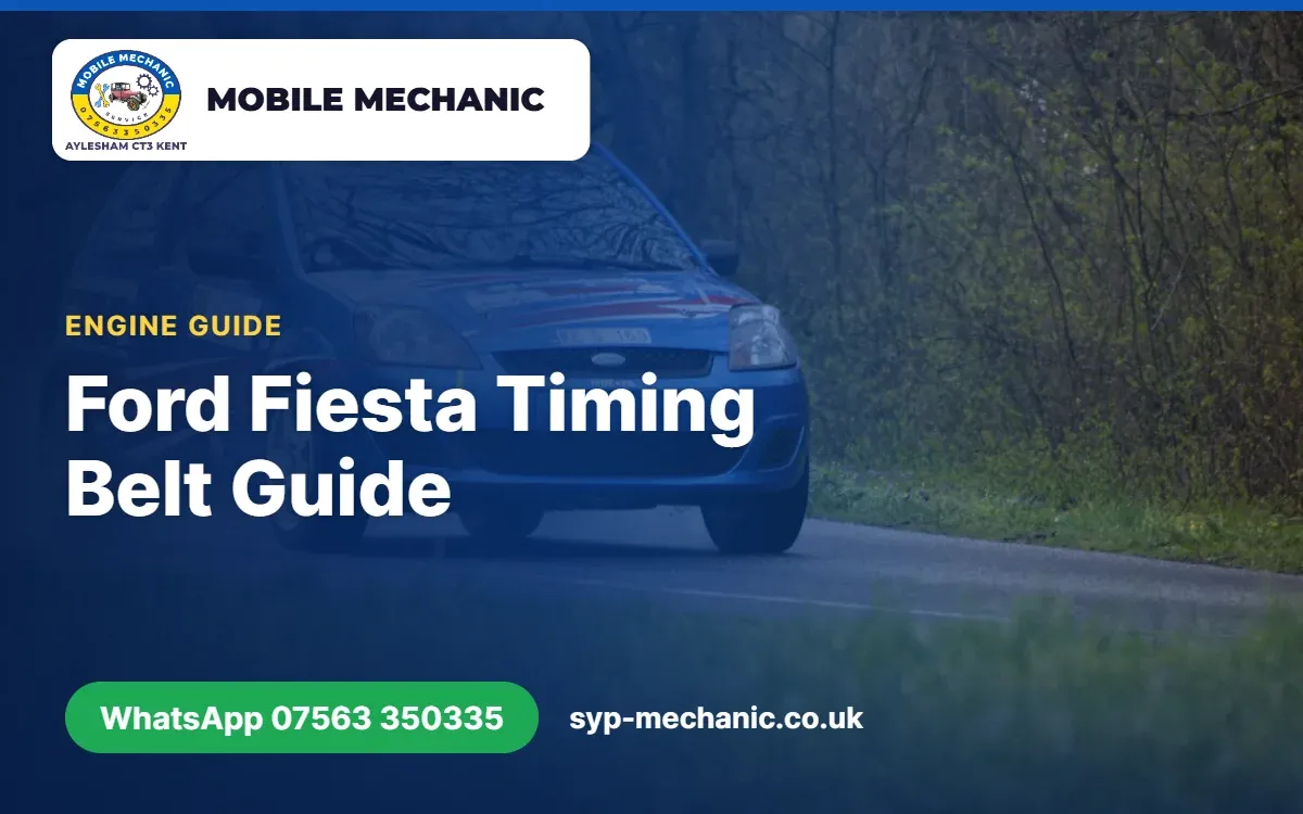 Mobile mechanic changing the timing belt on a Ford Fiesta engine on a customer's driveway in Aylesham, Kent