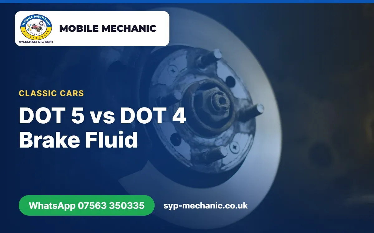 Brake fluid reservoir on a classic car being checked during servicing by a mobile mechanic in Aylesham, Kent