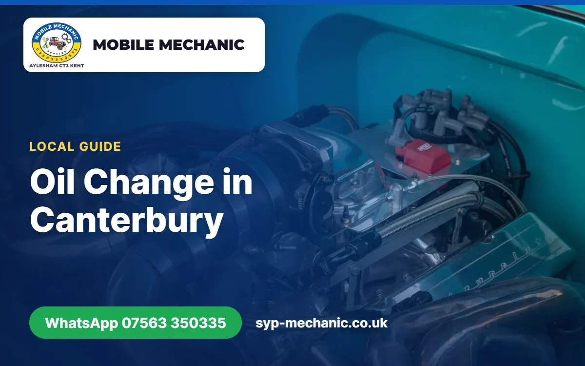 Mobile mechanic changing engine oil and oil filter on a driveway near Canterbury, Kent, from Aylesham