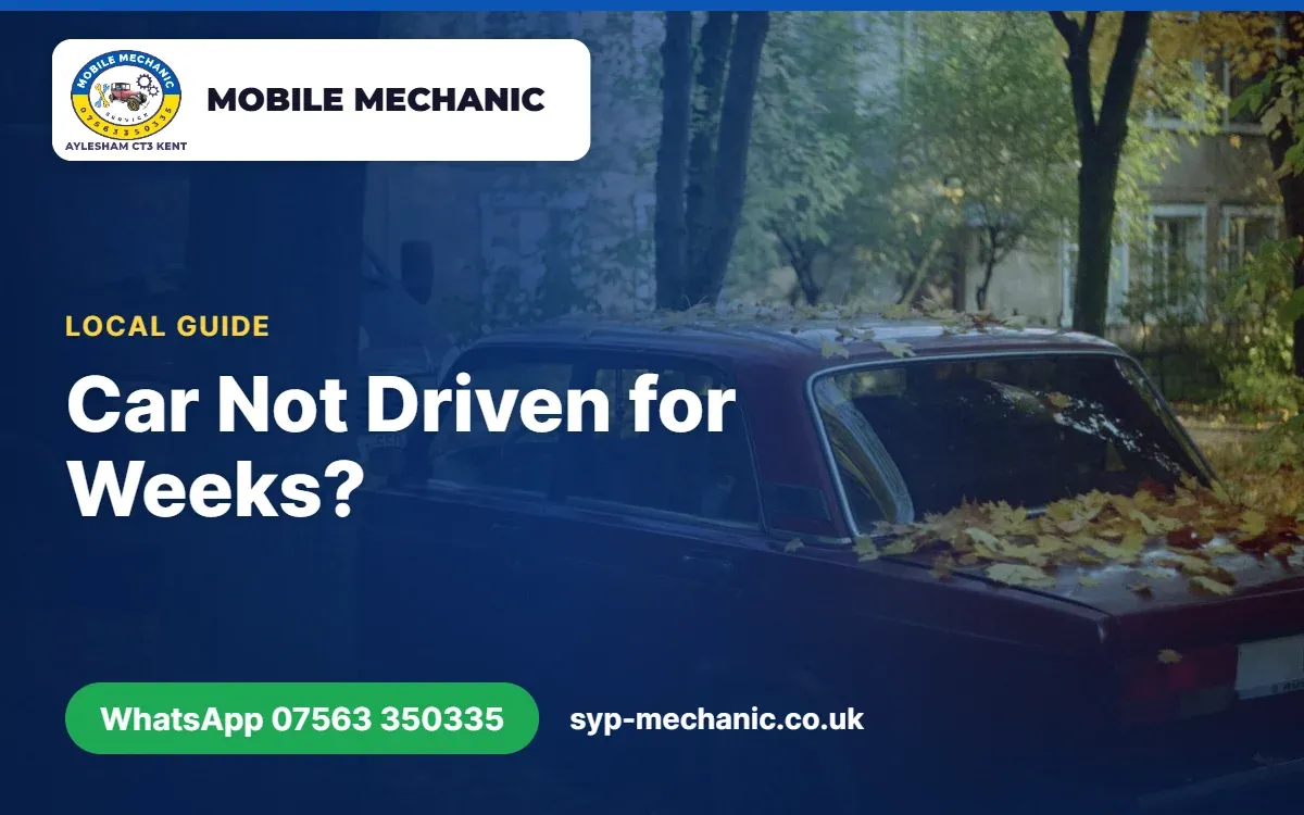 Car parked on a Kent driveway after weeks unused, being checked by a mobile mechanic from Aylesham before driving