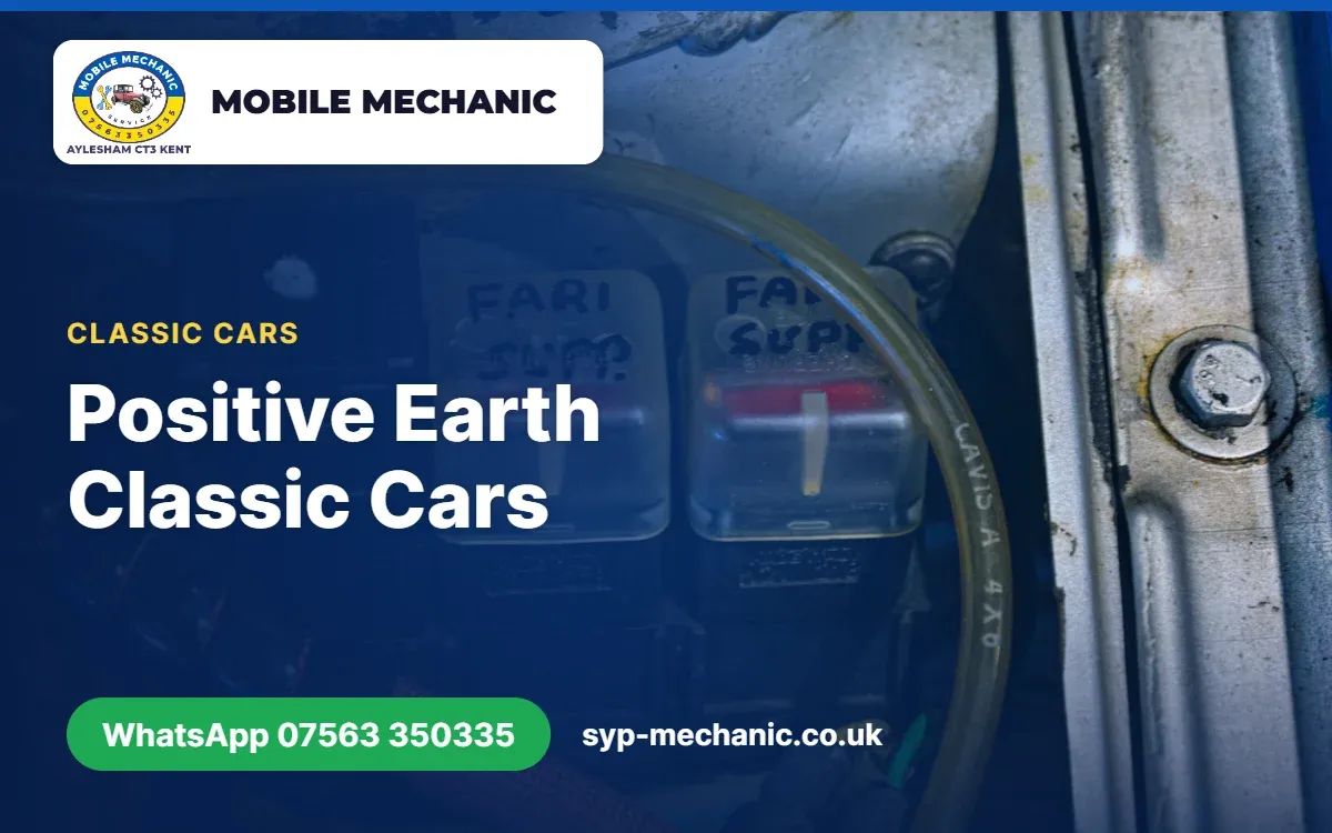 Battery terminals on a positive earth classic car being checked by a mobile mechanic in Aylesham, Kent