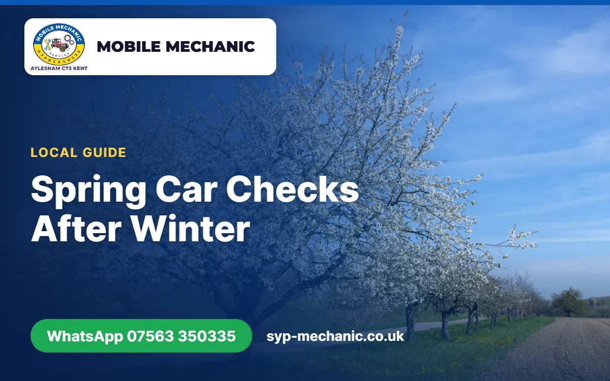 Driver checking tyres and wipers on a car in spring after winter on Kent roads near Aylesham