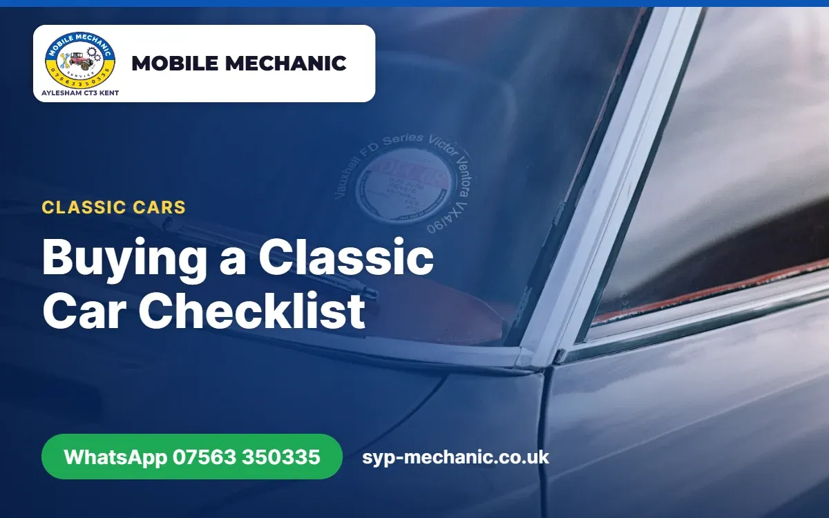 Mobile mechanic in Kent inspecting the engine bay of a classic car before purchase near Aylesham